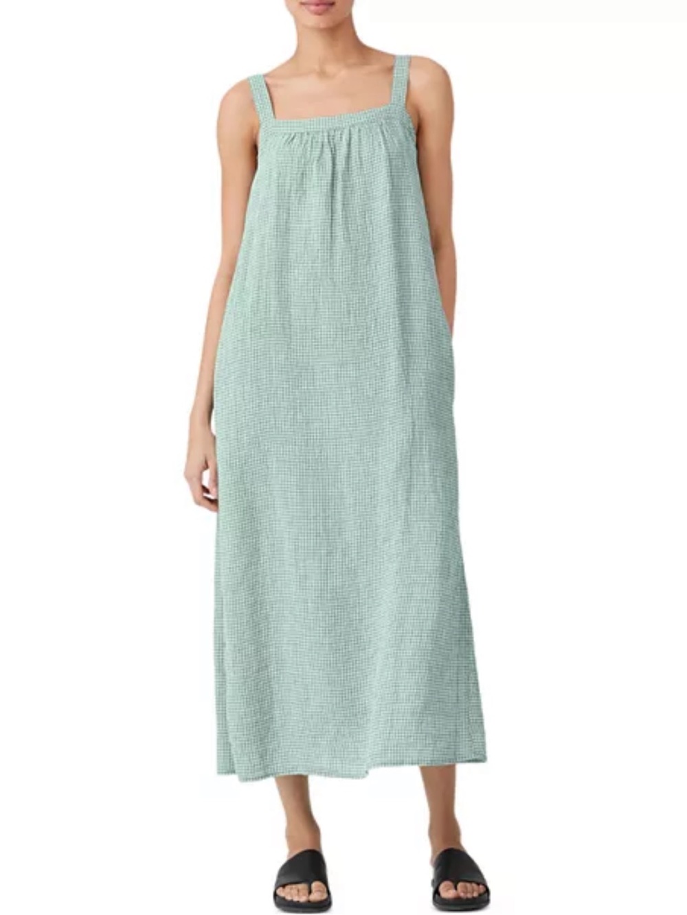 Eileen Fisher Organic Linen Gingham Midi Dress in Seafoam Color